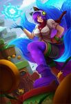  ahri alternate_costume animal_ears arcade_ahri bracelet breasts cleavage commentary english_commentary fox_ears fox_tail headphones highres jewelry large_breasts league_of_legends midriff minion_(league_of_legends) mole mole_under_eye multiple_tails nail_polish oldlim purple_eyes purple_hair red_scarf scarf short_hair solo tail thighhighs 