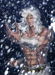  abs beard facial_hair fighting_stance headband hokuto_no_ken long_hair male_focus mori_(chiyokototochiko) muscle serious shirtless snowing solo toki_(hokuto_no_ken) torn_clothes upper_body white_hair wristband yellow_eyes 