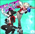  1girl 2girls baseball_bat batman_(series) black_hair breasts dc_comics harley_quinn high_heel_boots high_heels jacket katana katana_(dc) lipstick makeup mask multicolored_hair multiple_girls shorts smile suicide_squad sword twintails weapons 