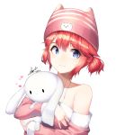  1girl absurdres animal_ears animal_hat bangs bare_shoulders beanie bil-ajeossi blush cat_ears cat_hat closed_mouth collarbone commentary_request dated eyebrows_visible_through_hair hair_between_eyes hat heart highres korean_commentary maplestory object_hug off-shoulder_shirt off_shoulder one_side_up pink_hat pink_shirt purple_eyes red_hair shirt short_hair signature simple_background smile solo stuffed_animal stuffed_bunny stuffed_toy upper_body white_background 