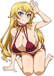 arm_support arm_up barefoot bikini blonde_hair blue_eyes body_blush breasts claire_harvey cleavage eyebrows eyebrows_visible_through_hair hundred kasanui kneeling large_breasts long_hair looking_at_viewer red_bikini simple_background smile solo swimsuit waving white_background 