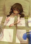  arcana_heart bare_arms bare_shoulders bed bed_sheet blanket blush brown_hair clothes_removed fiona_mayfield frills green_eyes hairband_removed headwear_removed long_hair looking_at_viewer lying no_pupils on_back on_bed pillow senkyoushi_gondolf shadow sheet_grab solo tareme twintails under_covers 