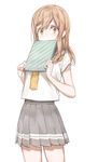  bangs book book_to_mouth brown_eyes brown_hair covering_mouth grey_skirt highres holding holding_book kunikida_hanamaru long_hair looking_at_viewer love_live! love_live!_sunshine!! neckerchief pleated_skirt school_uniform serafuku short_sleeves simple_background skirt solo standing tie_clip uranohoshi_school_uniform white_background wide-eyed yohan1754 