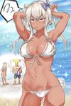  1boy 1girl abs absurdres adjusting_hair alternate_costume armpits arms_up ball bare_arms bare_legs bare_shoulders barefoot beachball bikini bikini_tan bow breasts cleavage commentary_request front-tie_bikini front-tie_top graf_zeppelin_(kantai_collection) highres kantai_collection large_breasts long_hair looking_at_viewer striped striped_bow swimsuit t-head_admiral tan tanline translation_request white_bikini yakitomeito 