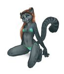  2016 absurd_res anthro bikini black_fur blue_eyes breasts brown_hair claws clothed clothing feline female fur hair hi_res kneeling leopard long_hair mammal navel nightshade89 nipple_bulge simple_background skimpy small_breasts smile snow_leopard solo spots spotted_fur swimsuit toe_claws white_background 