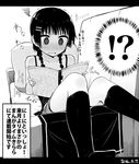  1girl @_@ banned_artist bare_shoulders black_legwear blush book check_copyright commentary_request couch dated greyscale hair_ornament hairclip kneehighs low_twintails manga_time_kirara monochrome open_book original pillow shorts sleeveless solo translated trembling twintails yopan_danshaku 