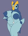 3_fingers anthro areola avian beak belly big_breasts bird blue_eyes blue_skin breast_grab breasts erect_nipples eyelashes female hand_on_breast holding_breast huge_breasts looking_at_viewer navel nintendo nipples nude overweight penguin pok&eacute;mon posexe prinplup pussy seductive simple_background solo standing thick_thighs video_games wide_hips wings 
