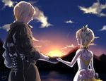  1girl akitou_(4078513) black_choker blonde_hair brother_and_sister choker cloud dress edna_(tales) eizen_(tales) eye_contact facing_away gloves hair_over_eyes holding_hands looking_at_another ribbon short_hair siblings side_ponytail smile sunset tales_of_(series) tales_of_berseria tales_of_zestiria white_dress 