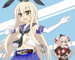  :d amatsukaze_(kantai_collection) anchor_hair_ornament blonde_hair check_commentary commentary commentary_request crop_top crop_top_overhang dress elbow_gloves gloves hair_ornament hair_tubes kame_rider kamen_rider kamen_rider_drive kamen_rider_drive_(series) kamen_rider_mach kantai_collection lifebuoy light_brown_eyes long_hair midriff multiple_girls navel open_mouth parody pleated_skirt red_eyes rider_belt sailor_collar sailor_dress shift_car shimakaze_(kantai_collection) silver_hair skirt smile two_side_up v-shaped_eyebrows 