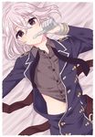  biting glove_biting gloves honebami_toushirou loose_necktie lying male_focus military military_uniform necktie nishiki_koi on_back purple_eyes solo touken_ranbu unbuttoned uniform white_gloves white_hair 