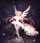  bow choker cleavage_cutout dress frilled_sleeves frills gem gloves hair_bow kaname_madoka leaf_(kohakoo) long_hair mahou_shoujo_madoka_magica outstretched_arms petals pink_hair pink_legwear shoes sky solo spread_arms star_(sky) starry_sky thighhighs two_side_up ultimate_madoka white_bow white_dress white_gloves white_wings winged_shoes wings yellow_eyes zettai_ryouiki 