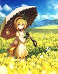  bare_shoulders black_choker blonde_hair blue_eyes blue_sky bug butterfly choker cloud day dress edna_(tales) field flower flower_field gloves hair_ribbon hairband highres insect kaina_(tsubasakuronikuru) leg_ribbon looking_at_viewer mountain nature normin_(tales) outdoors ribbon short_hair side_ponytail single_glove sky smile solo tales_of_(series) tales_of_zestiria tress_ribbon umbrella white_dress 