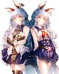  :o animal_ears blue_hair breasts brown_gloves dual_persona earrings erune ferry_(granblue_fantasy) gloves granblue_fantasy hizuki_miya jewelry long_hair looking_at_viewer medium_breasts multiple_girls sideboob simple_background small_breasts smile white_background yellow_eyes 
