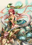  bare_shoulders breasts flower granblue_fantasy hair_flower hair_ornament highres i-la leaf leaf_on_head long_hair looking_at_viewer low_twintails medium_breasts navel plant_girl red_hair solo twintails very_long_hair yellow_eyes yggdrasil_(granblue_fantasy) 