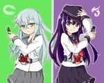  &gt;:) akatsuki_(kantai_collection) commentary flat_cap gaia_memory hat henshin_pose hibiki_(kantai_collection) kame_rider kamen_rider kamen_rider_double kamen_rider_w kantai_collection long_hair multiple_girls neckerchief pleated_skirt pose purple_eyes purple_hair red_neckwear rider_belt school_uniform serafuku silver_eyes skirt smile v-shaped_eyebrows verniy_(kantai_collection) 