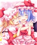  :d ^_^ ascot bat_wings blonde_hair blue_hair blush bow bubble_background closed_eyes commentary_request crystal double_v flandre_scarlet frilled_shirt_collar frills hat hat_bow heart hug looking_at_viewer manma_(manmamia) mob_cap multiple_girls open_mouth puffy_short_sleeves puffy_sleeves red_bow remilia_scarlet short_hair short_sleeves siblings sisters skirt skirt_set smile touhou upper_body v wings 