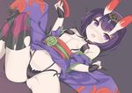  alcohol breasts commentary cup fang fate/grand_order fate_(series) from_above horns japanese_clothes kimono lo_xueming looking_at_viewer looking_up lying navel on_back oni oni_horns open_mouth purple_eyes purple_hair sakazuki sake short_hair shuten_douji_(fate/grand_order) small_breasts solo spread_legs thighhighs 