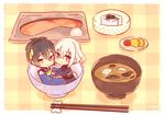  black_hair blue_eyes bowl chibi chopsticks fish food honebami_toushirou in_bowl in_container in_food japanese_clothes male_focus mikazuki_munechika military military_uniform miniboy miso_soup multiple_boys nishiki_koi plate purple_eyes rice smile touken_ranbu uniform white_hair 