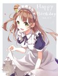  2016 :d apron bangs bow brown_hair dated dress frilled_apron frills green_eyes grey_background hair_bow happy_birthday heart highres long_hair looking_at_viewer love_live! love_live!_school_idol_project maid maid_headdress minami_kotori neck_ribbon one_side_up open_mouth puffy_short_sleeves puffy_sleeves ribbon sentaro207 short_sleeves simple_background skirt_hold smile solo wonder_zone 