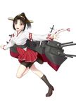  :d bike_shorts black_legwear brown_hair commentary_request full_body headgear high_heels highres juoto kneehighs looking_at_viewer mecha_musume myogi_(world_of_warships) nontraditional_miko open_mouth original ponytail red_eyes smile solo teeth transparent_background world_of_warships 