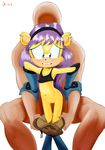  anthro archie_comics assisted_exposure blush captainjingo clothing ear_piercing faceless_male female flat_chested fur gloves green_eyes hair hairband human male mammal mina_mongoose mongoose pants piercing purple_hair pussy shirt sonic_(series) yellow_fur 