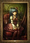  absurdres bangs blue_eyes blue_hair blunt_bangs bow chair choker curtains dress ekusa_takahito end_of_the_golden_witch feet_out_of_frame flower frame frilled_dress frills furudo_erika hair_flower hair_ornament highres lolita_fashion official_art painting_(object) pantyhose pink_bow portrait_(object) ribbon sitting smile solo throne too_many too_many_frills twintails umineko_no_naku_koro_ni v_arms when_you_see_it 
