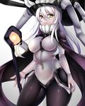  beeyan black_cape black_legwear bodysuit breasts cane cape closed_mouth covered_navel expressionless gloves hair_between_eyes hat headgear high_collar highres kantai_collection long_hair looking_at_viewer medium_breasts no_gloves pale_skin shinkaisei-kan silver_hair solo staff teeth tentacles white_gloves wo-class_aircraft_carrier yellow_eyes 
