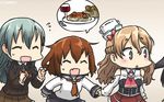  alcohol aqua_hair bare_shoulders blonde_hair braid bread commentary corset cup dated drinking_glass fang flying_sweatdrops food french_braid hair_ornament hairclip hamu_koutarou hat highres ikazuchi_(kantai_collection) kantai_collection long_hair mikazuki_(kantai_collection) mini_hat multiple_girls neckerchief pasta school_uniform serafuku spaghetti suzuya_(kantai_collection) sweat wavy_hair wine wine_glass zara_(kantai_collection) 
