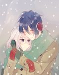  ^_^ blue_hair blush closed_eyes coat earmuffs gloves green_gloves honebami_toushirou male_focus mikazuki_munechika multiple_boys nishiki_koi purple_eyes red_gloves scarf shared_scarf smile snowing touken_ranbu white_hair yaoi 