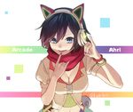  ahri alternate_costume animal_ears arcade_ahri bracelet breasts cleavage fox_ears headphones jewelry kushibi large_breasts league_of_legends midriff mole mole_under_eye multiple_tails nail_polish navel open_mouth purple_hair red_scarf scarf short_hair solo tail thighhighs twitter_username 