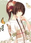  bell bug butterfly flower fuuchouin_kazuki getbackers highres hirai_chika insect japanese_clothes kimono long_hair male_focus otoko_no_ko ribbon solo 
