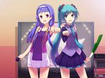  aqua_hair blue_hair detached_sleeves flat_chest green_eyes hair_ornament hair_tubes hairband hatsune_miku kannagi karaoke long_hair microphone miniskirt multiple_girls nagi necktie pleated_skirt purple_eyes purple_hair skirt smile spring_onion tank_top television tuanzi twintails vocaloid white_skirt 