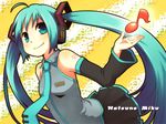  aqua_eyes aqua_hair bad_id bad_pixiv_id bare_shoulders detached_sleeves hatsune_miku headset highres long_hair magamoto musical_note necktie skirt smile solo twintails vocaloid 