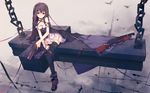  black_hair brown_eyes gun highres long_hair original ribbon ruroo shotgun solo thighhighs wallpaper weapon zettai_ryouiki 