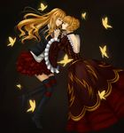  au beatrice blonde_hair blue_eyes boots bug butterfly dress dual_persona european_clothes highres holding_hands insect long_hair multiple_girls necktie skirt thighhighs umineko_no_naku_koro_ni zettai_ryouiki 
