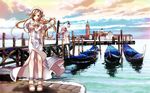  alicia_florence amano_kozue aria arms_behind_back artbook beret blonde_hair boots braid city dress hat highres lake lantern long_hair looking_at_viewer looking_back mizunashi_akari multiple_girls official_art pink_hair san_giorgio_maggiore side_slit single_braid standing tower uniform water 