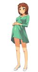  a1 absurdres amami_haruka aqua_eyes blush brown_hair dress full_body green_dress hair_ribbon hands_together highres idolmaster idolmaster_(classic) interlocked_fingers long_sleeves parted_lips pregnant ribbon short_hair simple_background solo standing white_background white_footwear 