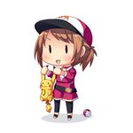  1girl :3 baseball_cap batsubyou brown_hair check_commentary commentary commentary_request cosplay error_musume female_protagonist_(pokemon_go) full_body gen_1_pokemon girl_holding_a_cat_(kantai_collection) hat kantai_collection masaki_kei open_mouth parody pikachu pikachu_(cosplay) poke_ball pokemon pokemon_go ponytail simple_background standing white_background 