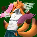  armpits canine clothed clothing concon-collector folding_fan fox green_background leaf looking_at_viewer male mammal multi_tail official_art simple_background solo suga topless tornado translated_description 