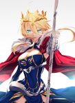  artoria_pendragon_(all) artoria_pendragon_(lancer) blonde_hair blue_eyes breasts cape cleavage_cutout cowboy_shot fate/grand_order fate_(series) fur-trimmed_cape fur_trim highres lance large_breasts long_hair polearm ro96cu smirk solo thighs weapon white_background 