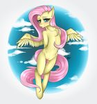  2016 aelsiiz blue_eyes blush equine feathered_wings feathers female fluttershy_(mlp) flying friendship_is_magic fur hair hands_behind_back looking_at_viewer mammal my_little_pony pegasus pink_hair pussy shy solo wings yellow_feathers yellow_fur 