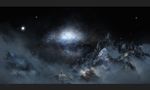  bag cloud full_moon highres iy_tujiki letterboxed moon mountain mountain_climbing nebula night night_sky original scenery short_hair sky snow star_(sky) starry_sky walking_stick 