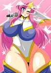  akasode_(tyaramu) blue_eyes blush breasts commentary_request covered_nipples gloves gundam gundam_seed gundam_seed_destiny hair_ornament highleg highres large_breasts leotard long_hair looking_at_viewer meer_campbell microphone one_eye_closed open_mouth pink_hair solo star star_hair_ornament 