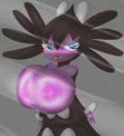  absurd_res areola big_breasts blue_eyes breast_squish breasts clothed clothing female gothitelle hair hi_res huge_breasts humanoid lips lipstick looking_at_viewer makeup nintendo nipples on_glass pok&eacute;mon pok&eacute;mon_(species) purple_skin standing thick_lips topless unknown_artist video_games 
