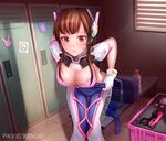  absurdres bag bag_charm bra breasts brown_eyes brown_hair charm_(object) cleavage d.va_(overwatch) facial_mark headphones highres knees_together_feet_apart large_breasts leaning_forward locker locker_room long_hair looking_at_viewer moegirlstudio overwatch parted_lips pilot_suit pink_bra revision school_bag solo standing underwear undressing whisker_markings 