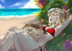  absurdres beach bikini blonde_hair breasts closed_eyes cloud crossed_legs dappled_sunlight day fate/apocrypha fate/grand_order fate_(series) flower front-tie_top hammock hibiscus highres mordred_(fate)_(all) mordred_(swimsuit_rider)_(fate) ocean outdoors pig ponytail red_bikini saliva sand side-tie_bikini sleeping small_breasts solo sunlight swimsuit tusks water weaponman 