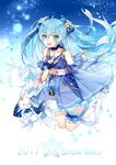  &gt;_&lt; 2017 blue_dress blue_eyes blue_hair bunny character_name closed_eyes detached_sleeves dress fingerless_gloves gloves hatsune_miku highres kneeling long_hair maokezi open_mouth snowflakes twintails very_long_hair vocaloid yuki_miku yukine_(vocaloid) 