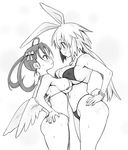  animal_ears bikini bracelet breast_contest breast_press breasts bunny_ears covered_nipples cowboy_shot eye_contact face-to-face greyscale hands_on_hips height_difference jewelry large_breasts long_hair looking_at_another monochrome multiple_girls original ryoji_(nomura_ryouji) smile sweat swimsuit symmetrical_docking twintails wings 