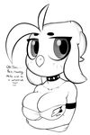  anthro avian beak big_breasts black_and_white breasts cleavage clothed clothing collar conditional_dnp dialogue english_text female monochrome solo text xopachi 