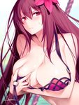  blush breasts cleavage fate/grand_order fate_(series) flower gae_bolg hair_flower hair_ornament holding holding_weapon kousaki_rui large_breasts long_hair looking_at_viewer purple_eyes purple_hair red_eyes scathach_(fate)_(all) scathach_(swimsuit_assassin)_(fate) solo sweatdrop wardrobe_malfunction weapon 